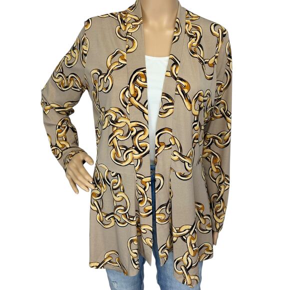 Susan Graver Liquid Knit Cardigan Sweater Beige Tan Chain Print Open Size S - Picture 1 of 9